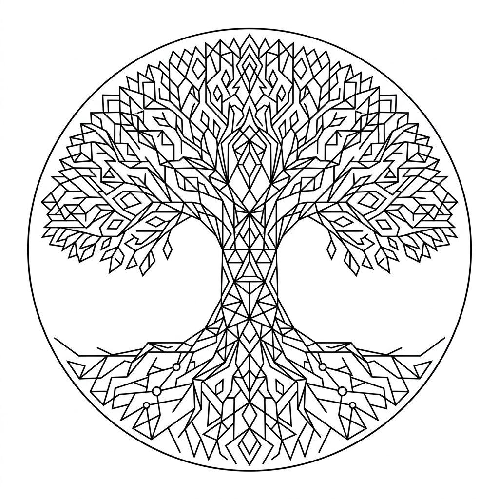 lebensbaum-tattoo geometrischer kreis, Vorlage auf weißem Hintergrund