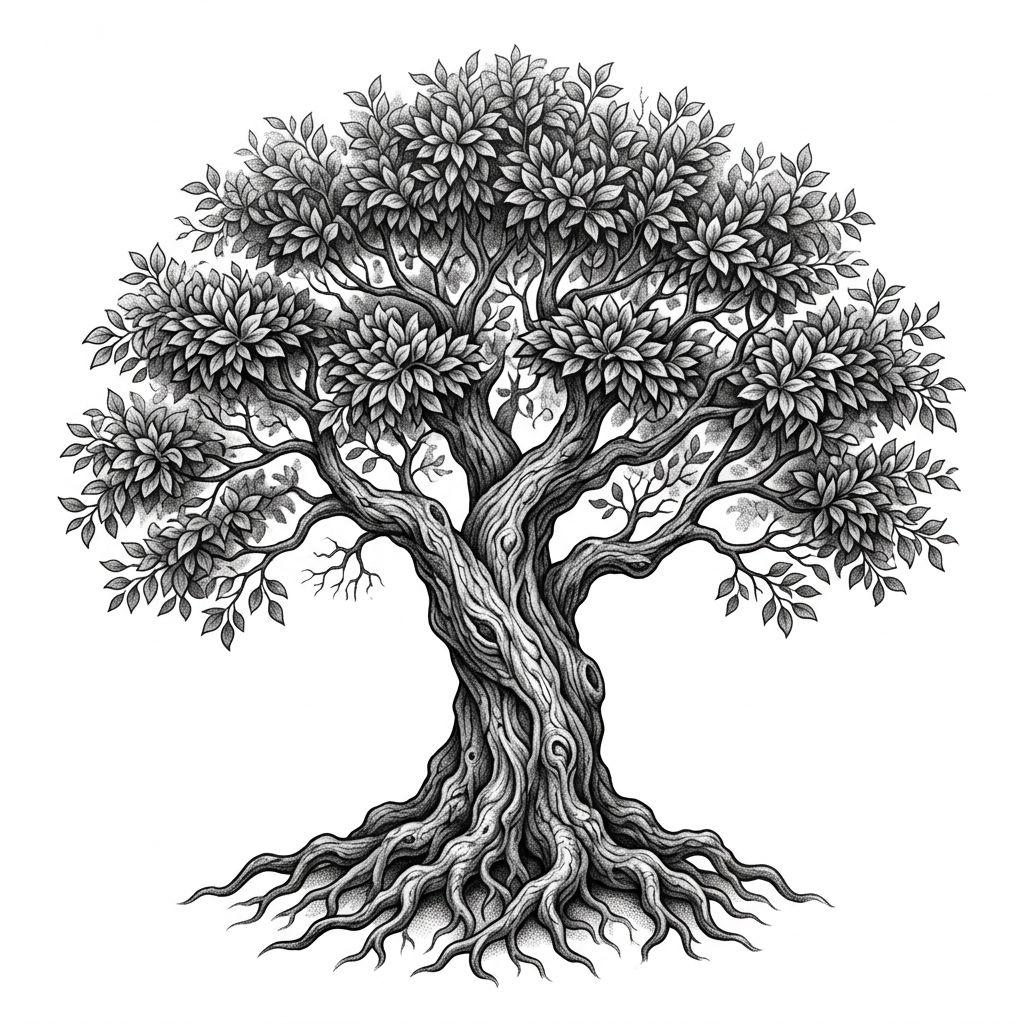 lebensbaum-tattoo realistischer lebensbaum, Vorlage auf weißem Hintergrund