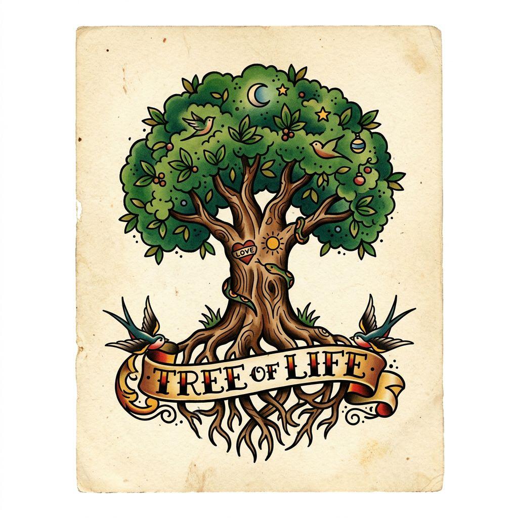 lebensbaum-tattoo old school lebensbaum, Vorlage auf weißem Hintergrund