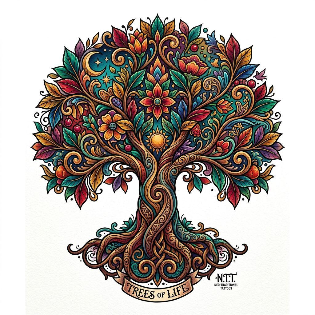 lebensbaum-tattoo neo-traditional lebensbaum, Vorlage auf weißem Hintergrund