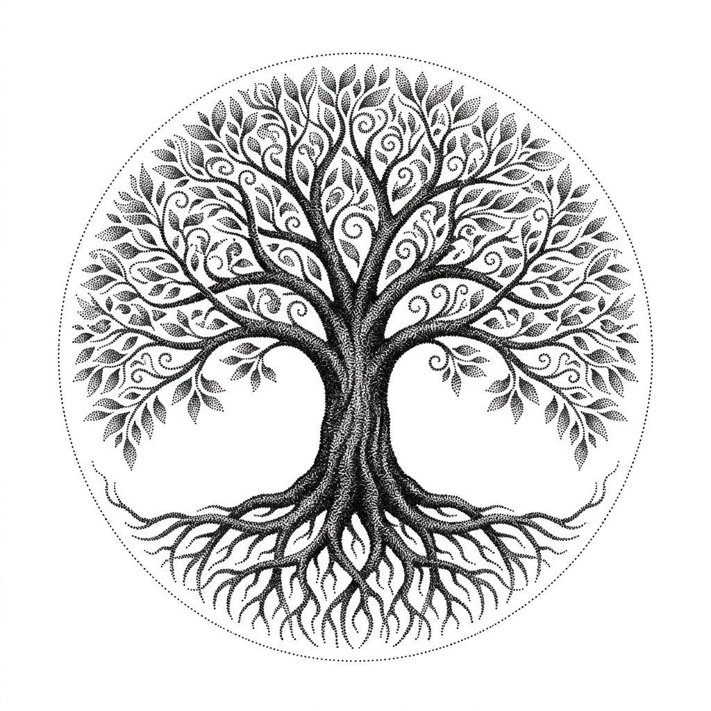 lebensbaum-tattoo dotwork lebensbaum, Vorlage auf weißem Hintergrund