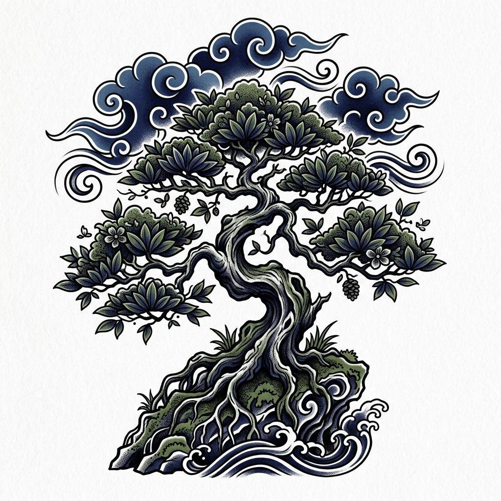 lebensbaum-tattoo japanischer bonsai, Vorlage auf weißem Hintergrund