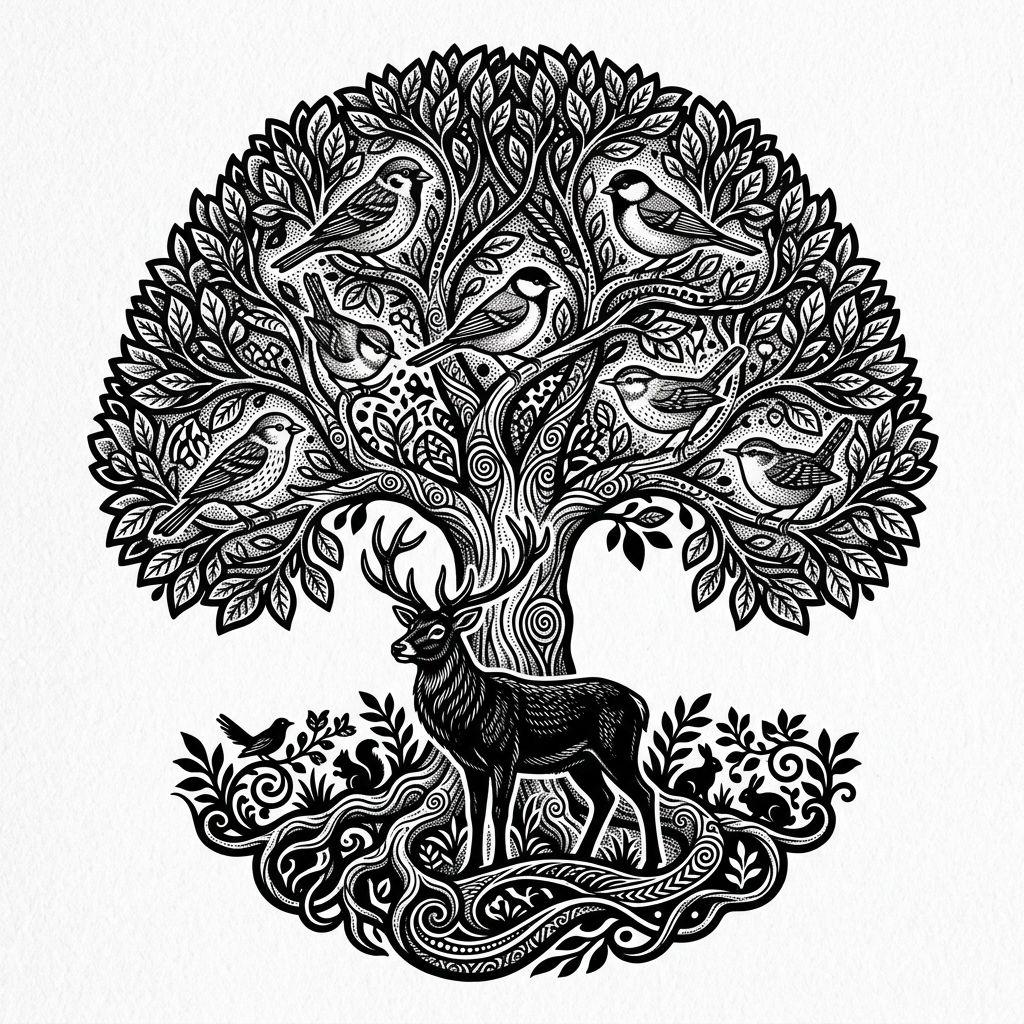 lebensbaum-tattoo lebensbaum mit tieren, Vorlage auf weißem Hintergrund
