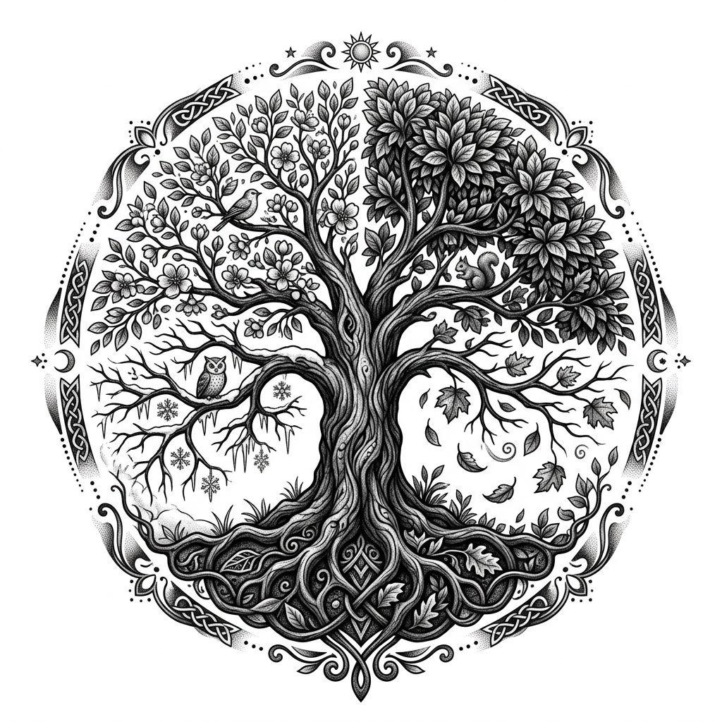 lebensbaum-tattoo lebensbaum der vier jahreszeiten, Vorlage auf weißem Hintergrund