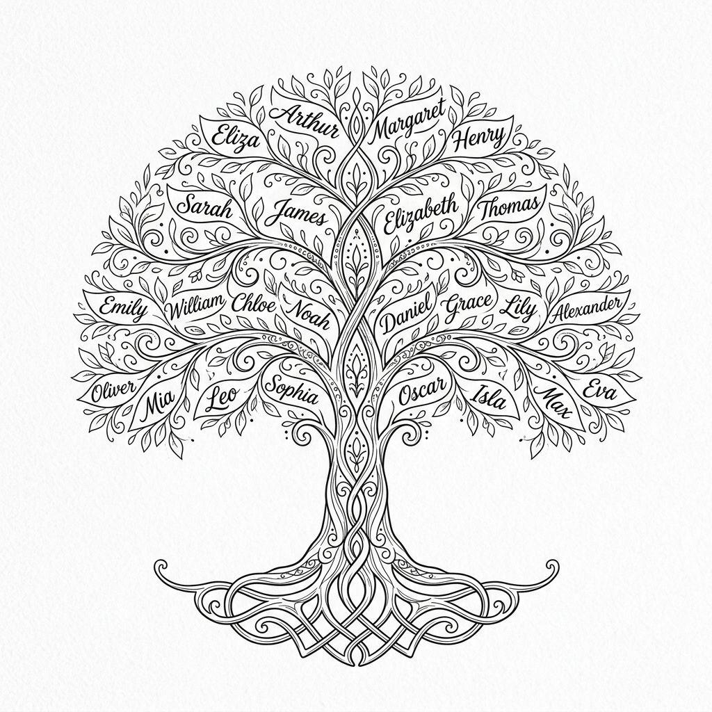 lebensbaum-tattoo lebensbaum mit vornamen, Vorlage auf weißem Hintergrund