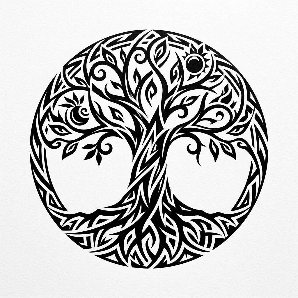 lebensbaum-tattoo moderner tribal-lebensbaum, Vorlage auf weißem Hintergrund