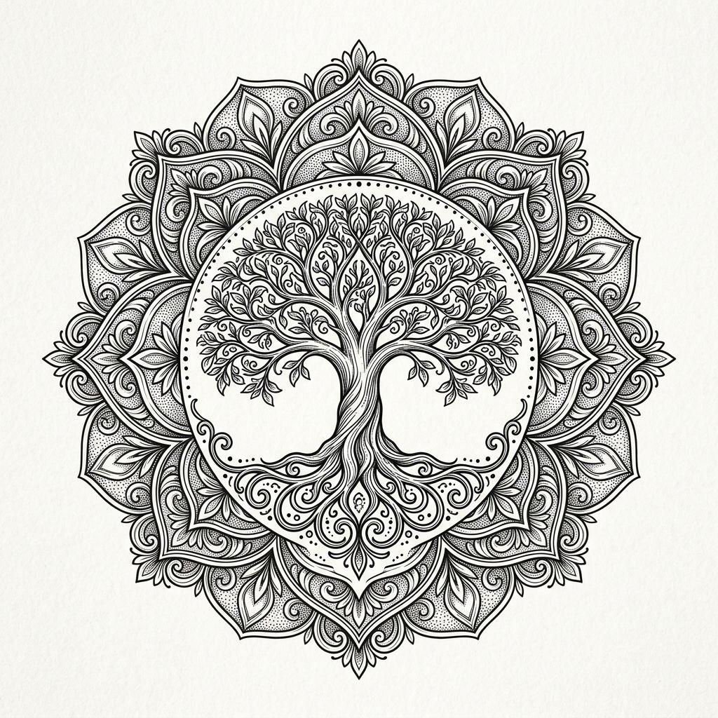 lebensbaum-tattoo lebensbaum mandala, Vorlage auf weißem Hintergrund