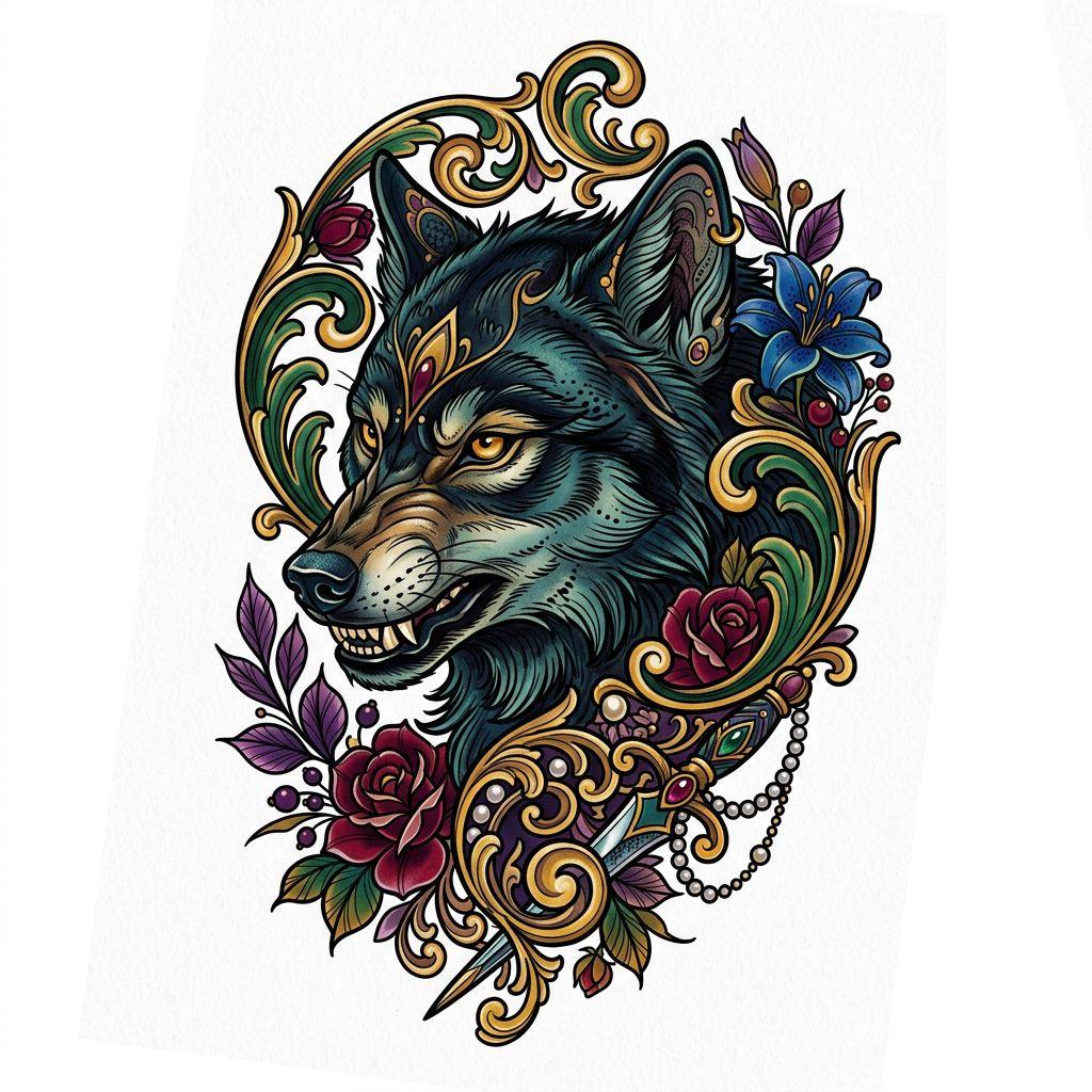 idée tatouage bras homme loup néo-traditionnel