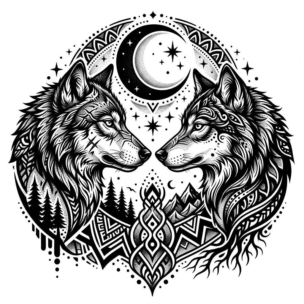 idée tatouage commun loup et louve blackwork