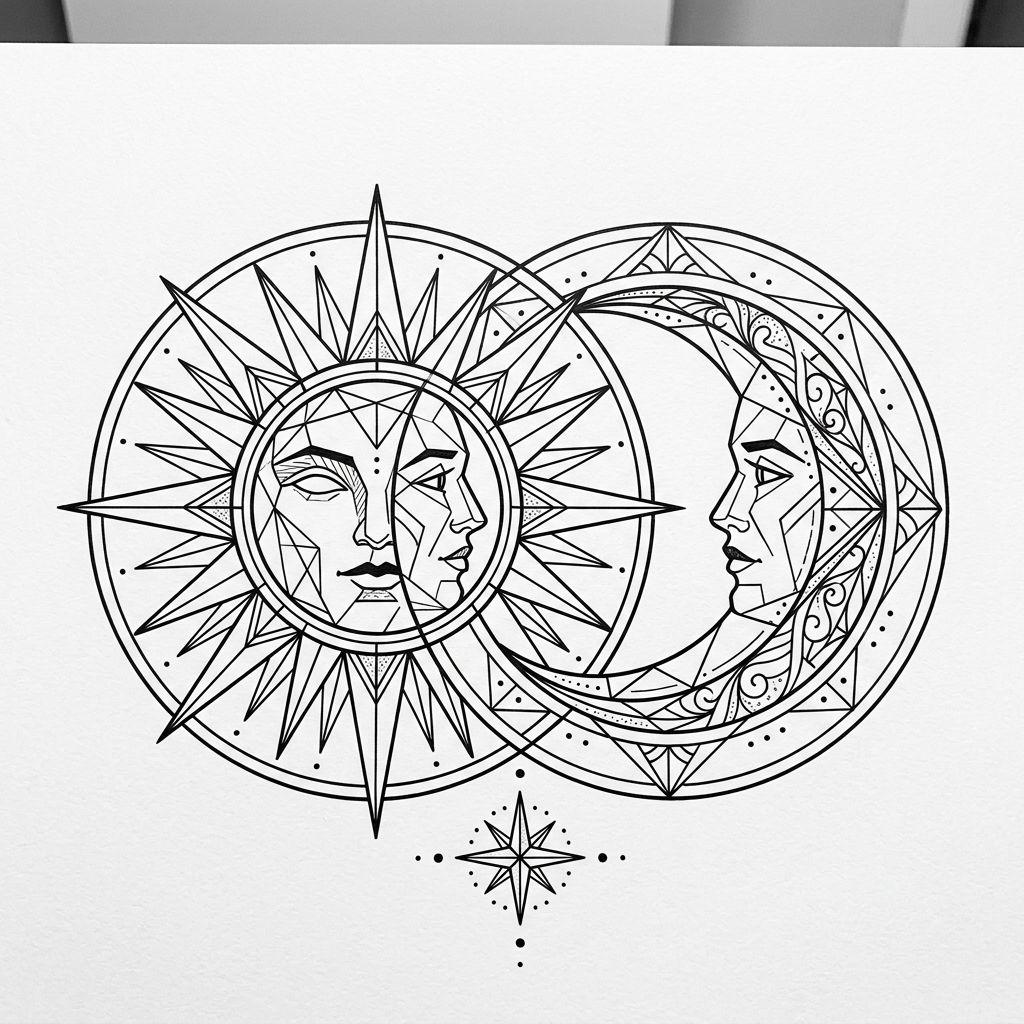 idée tatouage commun soleil et lune géométriques