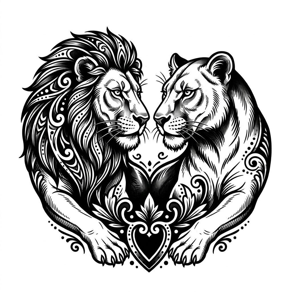 idée tatouage couple lions complémentaires