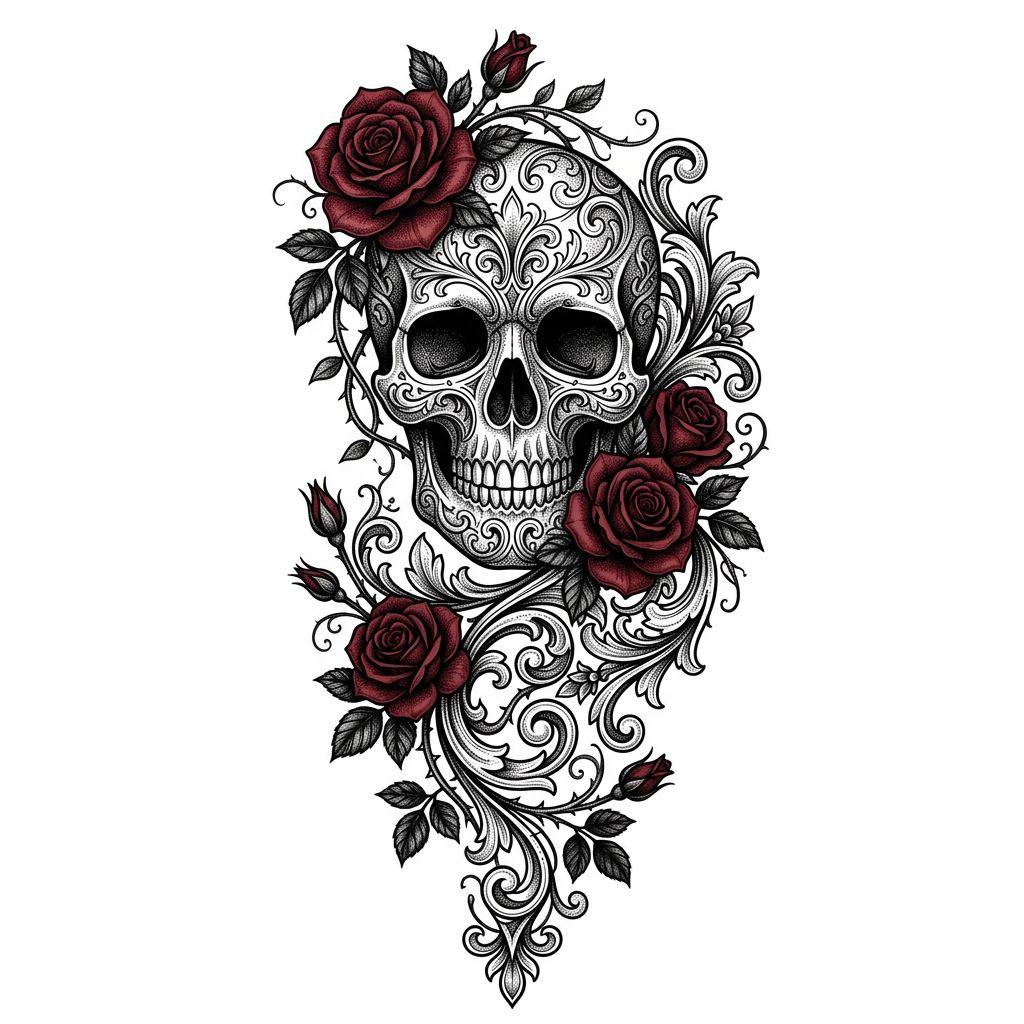 idée tatouage emplacement côtes crâne fleuri