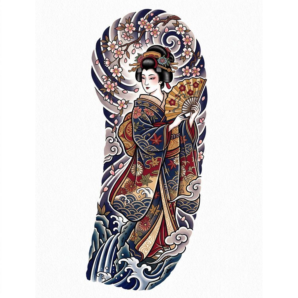 idée tatouage femme bras geisha japonaise sleeve