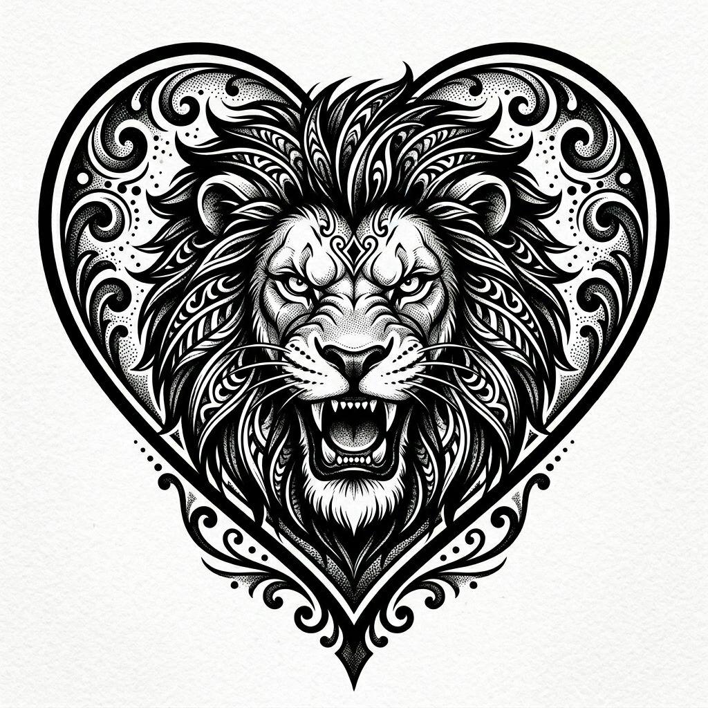 herz-tattoo löwe im herz blackwork