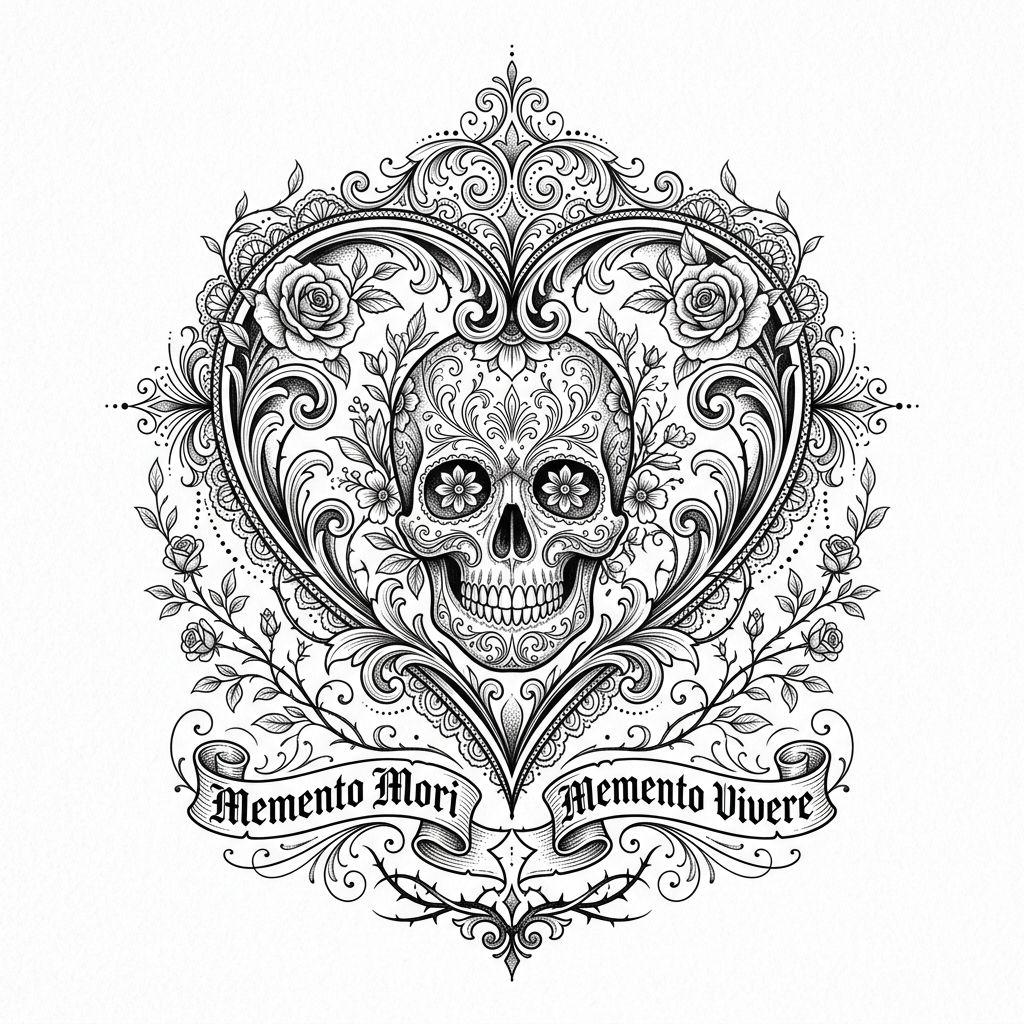 herz-tattoo totenkopf im herz ornamental