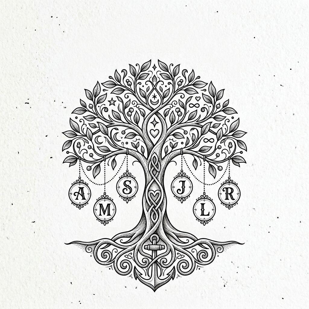 idée tatouage initiales famille initiales arbre généalogique