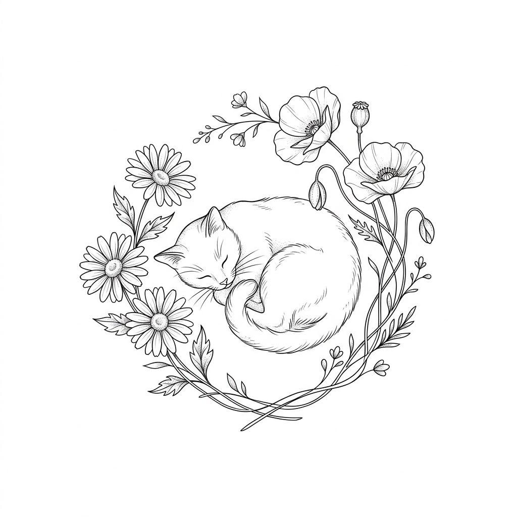 katze-tattoo katze im blumenmeer