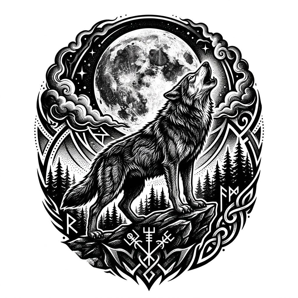mond-tattoo heulender wolf am mond blackwork