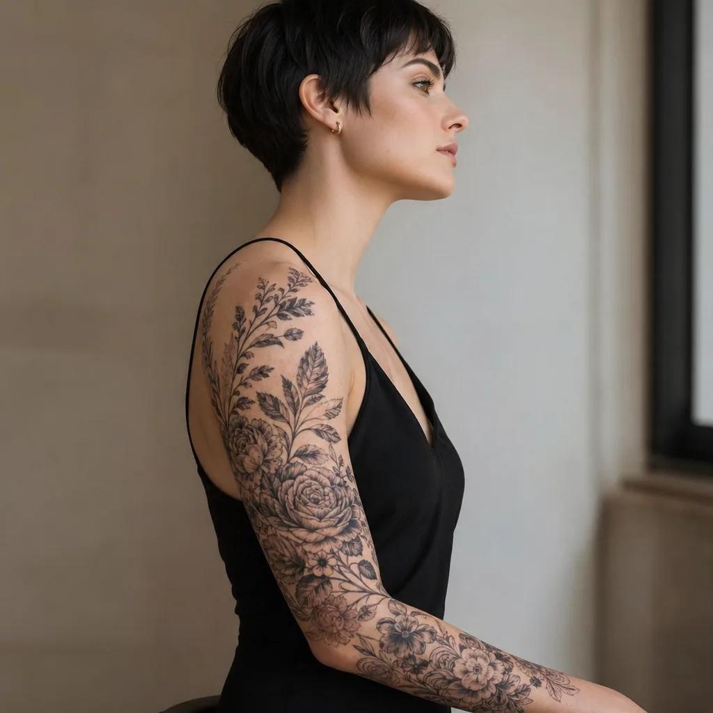 idée tatouage bras composition florale masculine