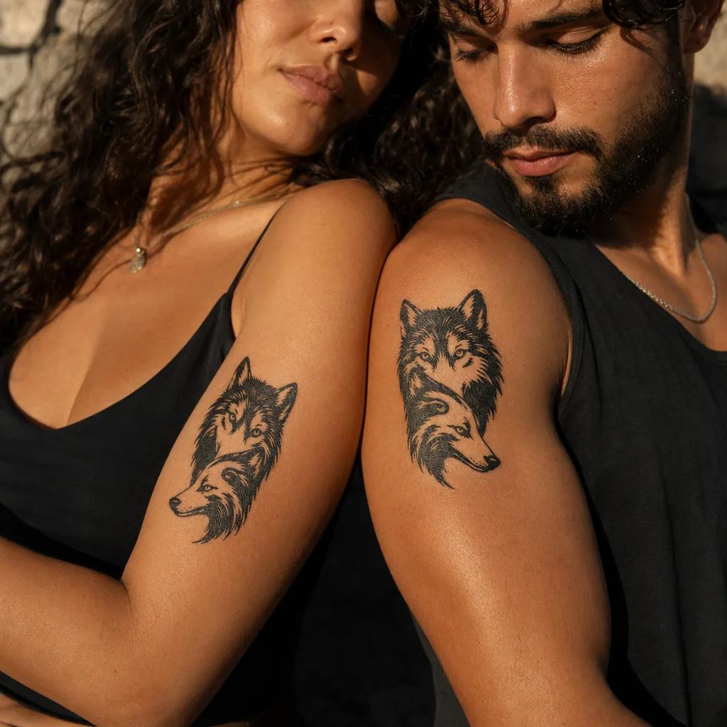 idée tatouage couple loup et louve blackwork