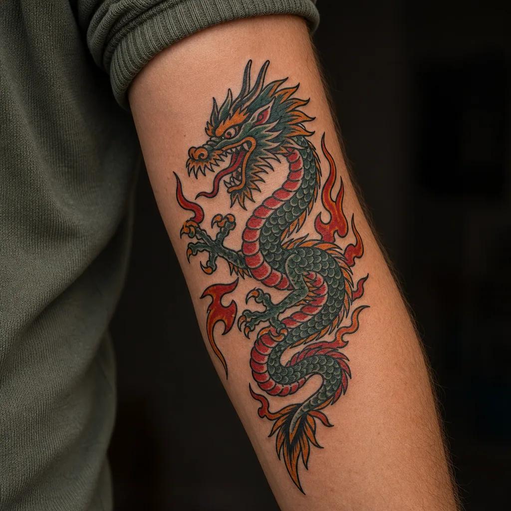 drache-tattoo drache old school flammend