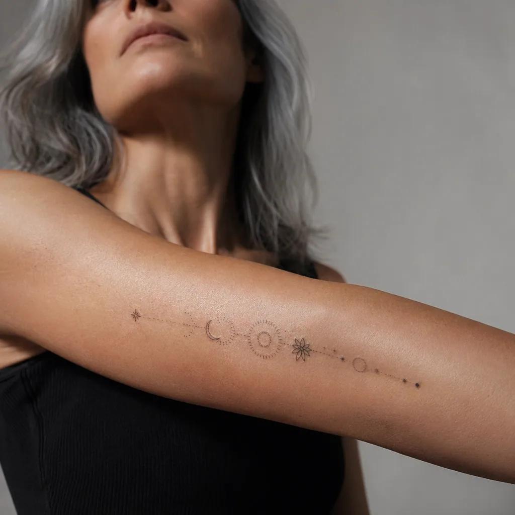 einfaches tattoo-tattoo patchwork aus mini-symbolen, Foto auf echter Haut