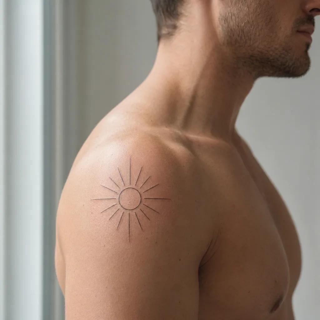 Soleil fine-line à l'épaule
