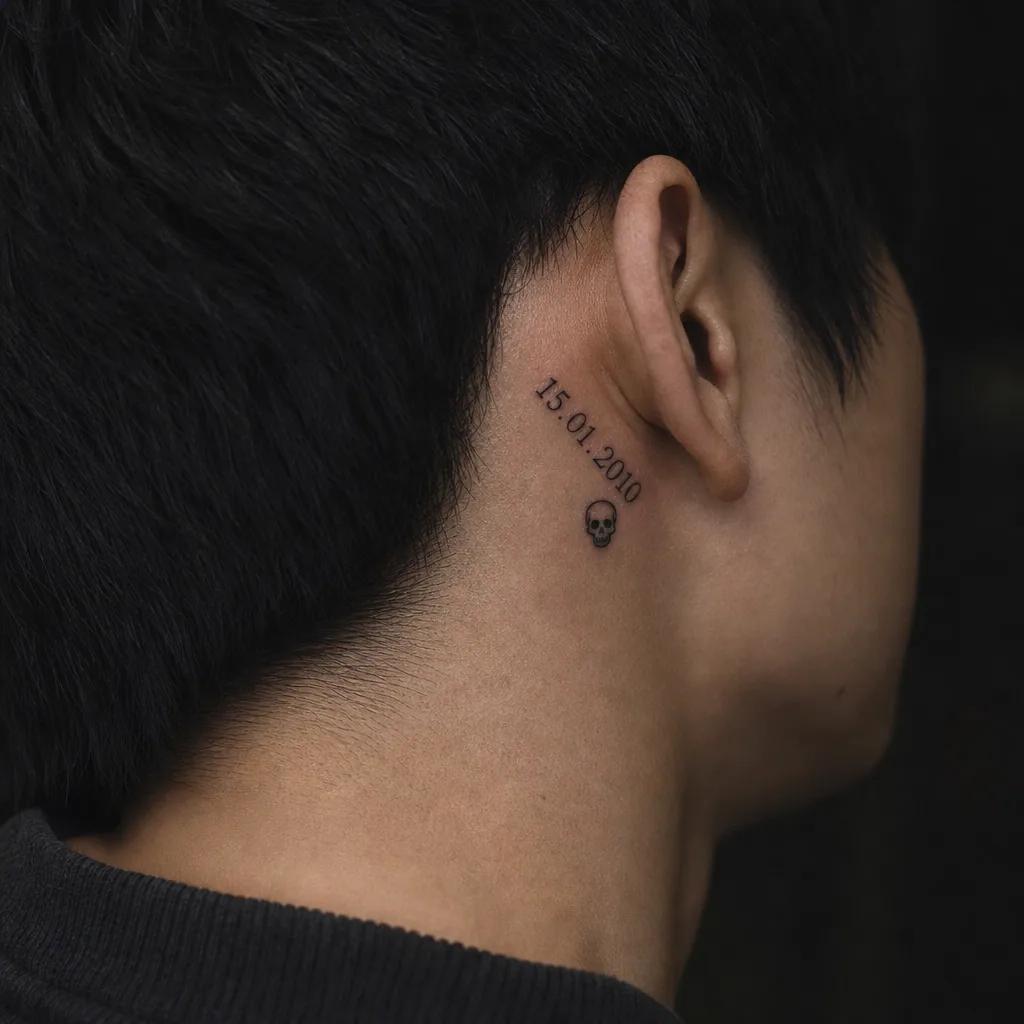 geburtsdatum-tattoo datum und totenkopf, Foto auf echter Haut
