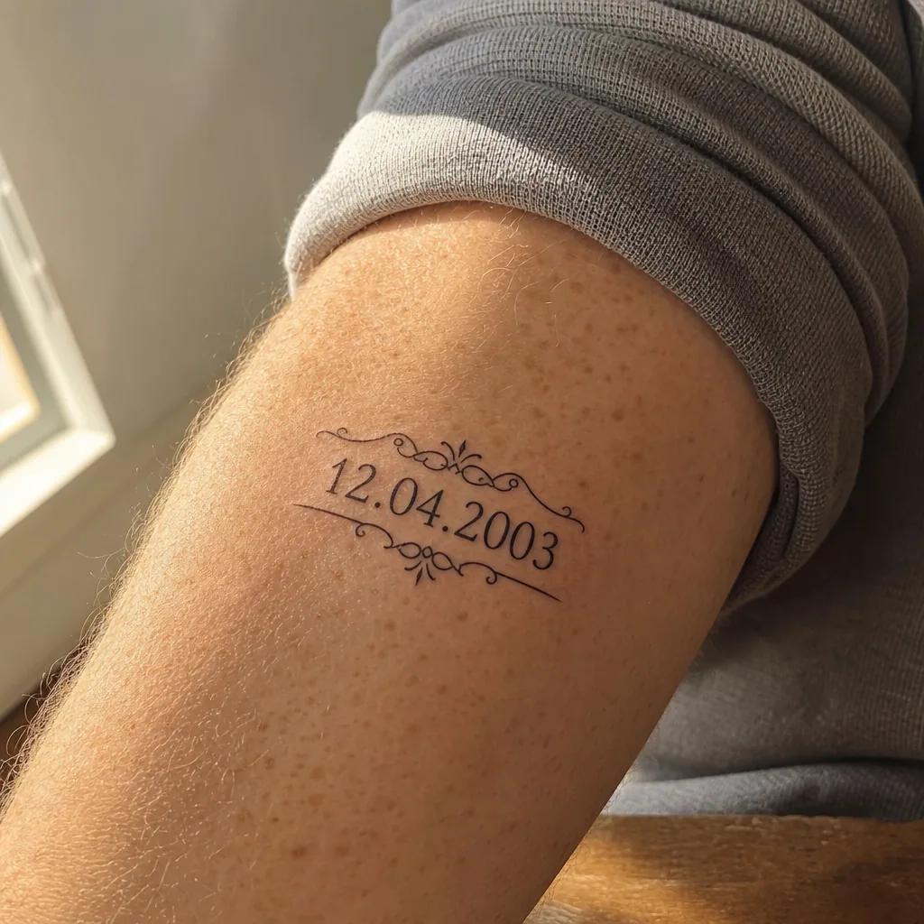 geburtsdatum-tattoo ornamentales datum, Foto auf echter Haut