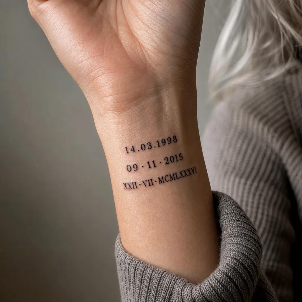 geburtsdatum-tattoo patchwork mit flash-daten, Foto auf echter Haut