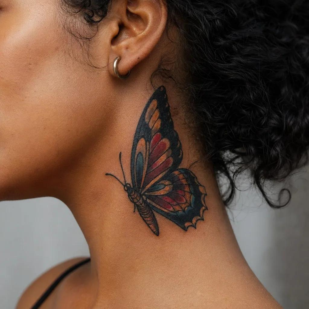 hals-tattoo neo-traditional schmetterling, Foto auf echter Haut