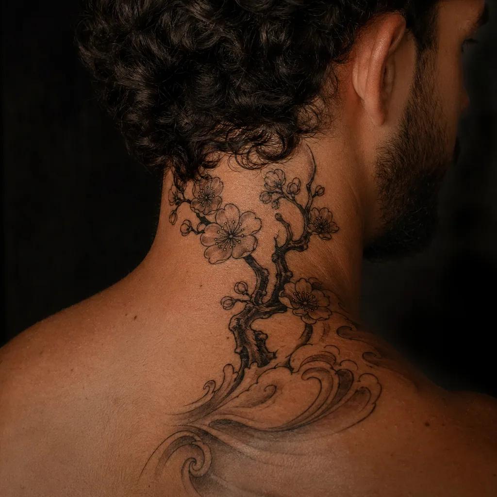 hals-tattoo japanische kirschblüte, Foto auf echter Haut