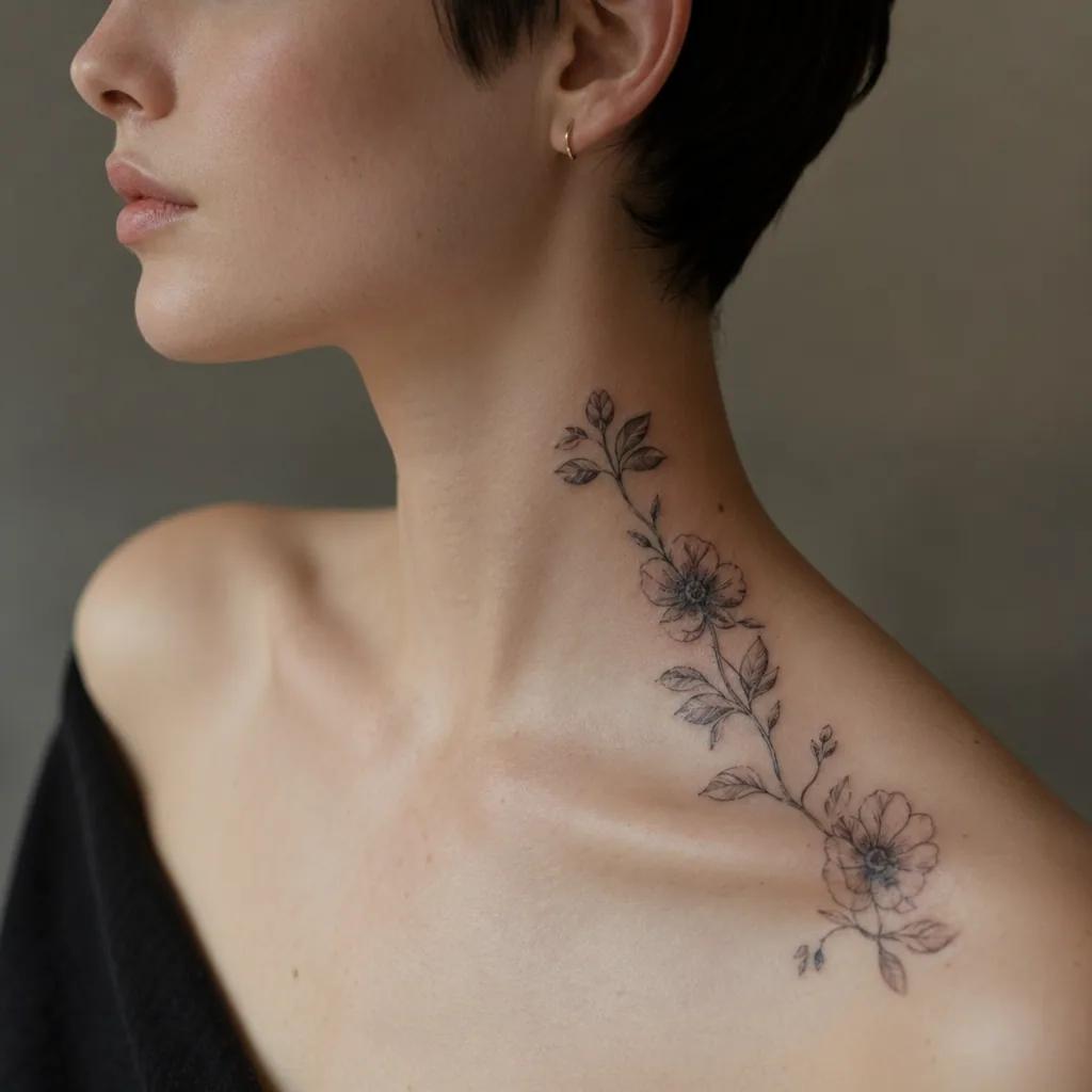hals-tattoo floraler zweig, Foto auf echter Haut