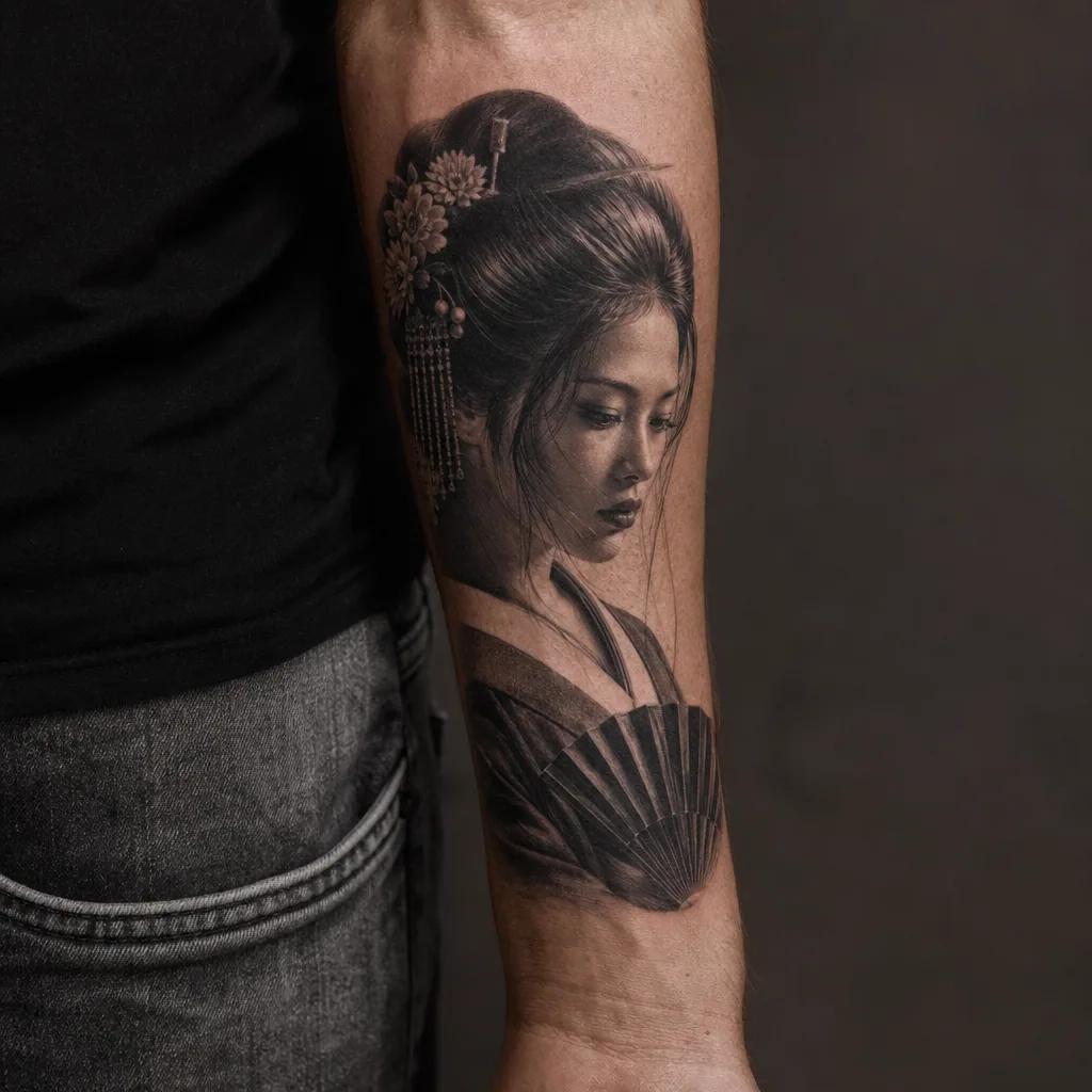 japanese-tattoo realistisches geisha-portrait, Foto auf echter Haut