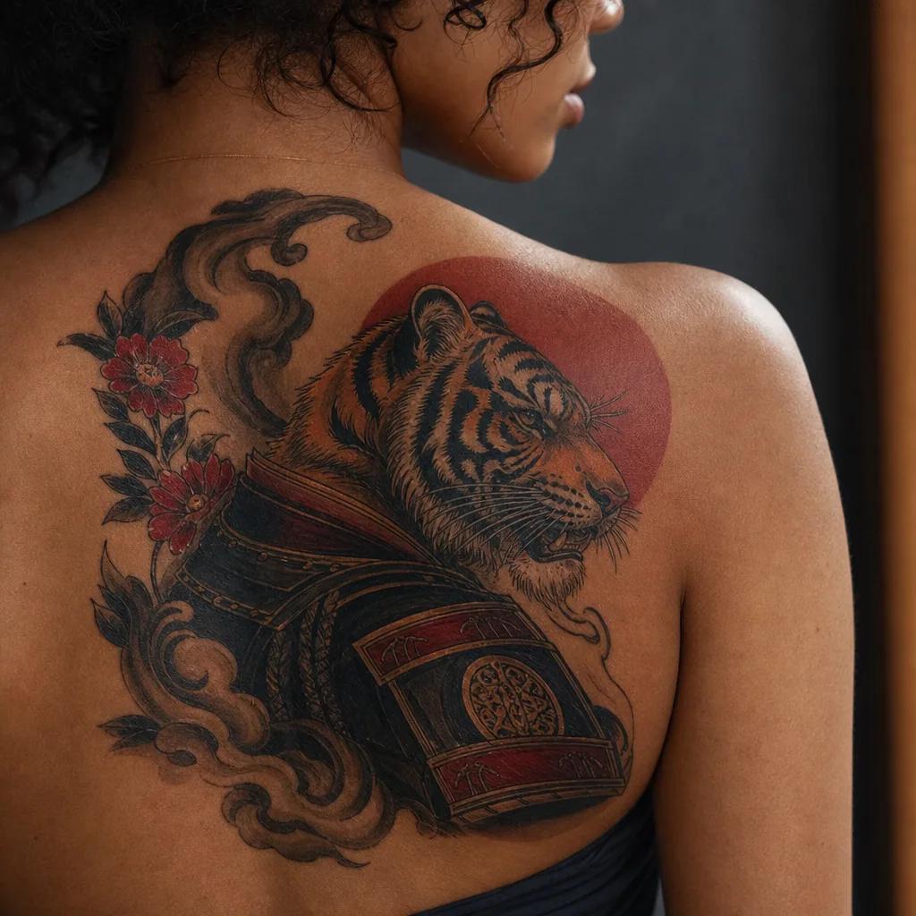 japanese-tattoo neo-traditional tiger-samurai, Foto auf echter Haut