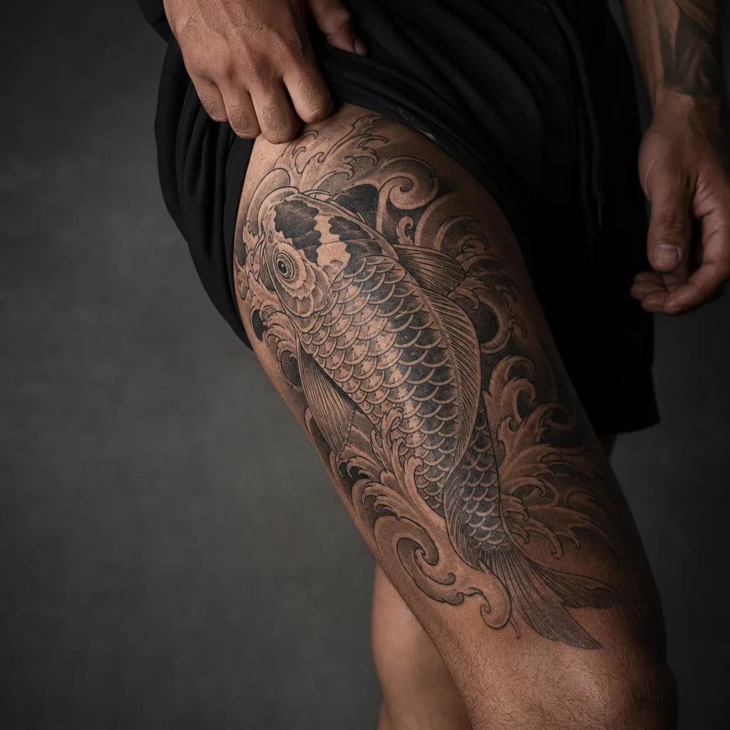 japanese-tattoo irezumi koi sleeve, Foto auf echter Haut