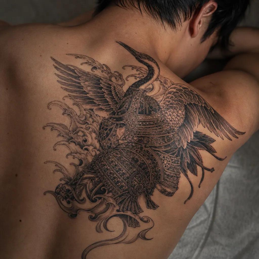 japanese-tattoo ornamentaler samurai-schädel, Foto auf echter Haut