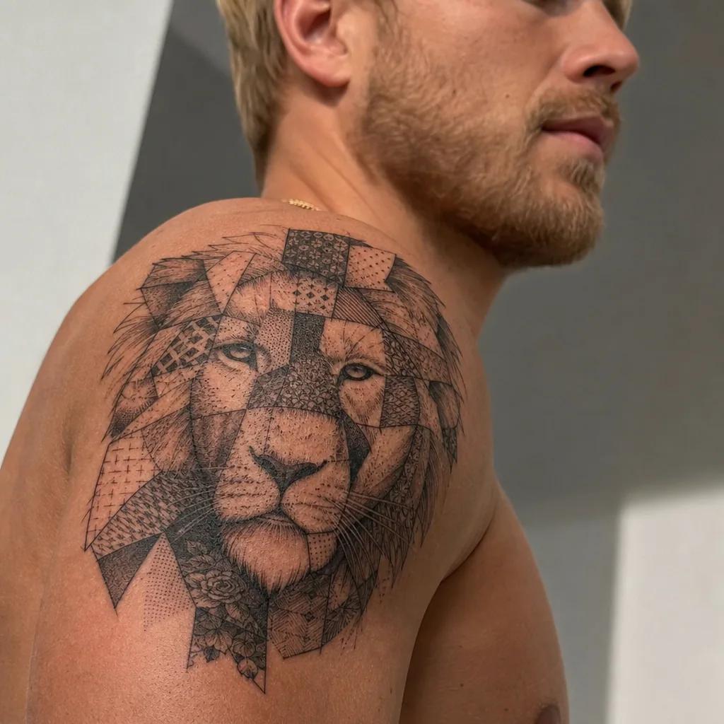 idée tatouage lion patchwork lion vintage