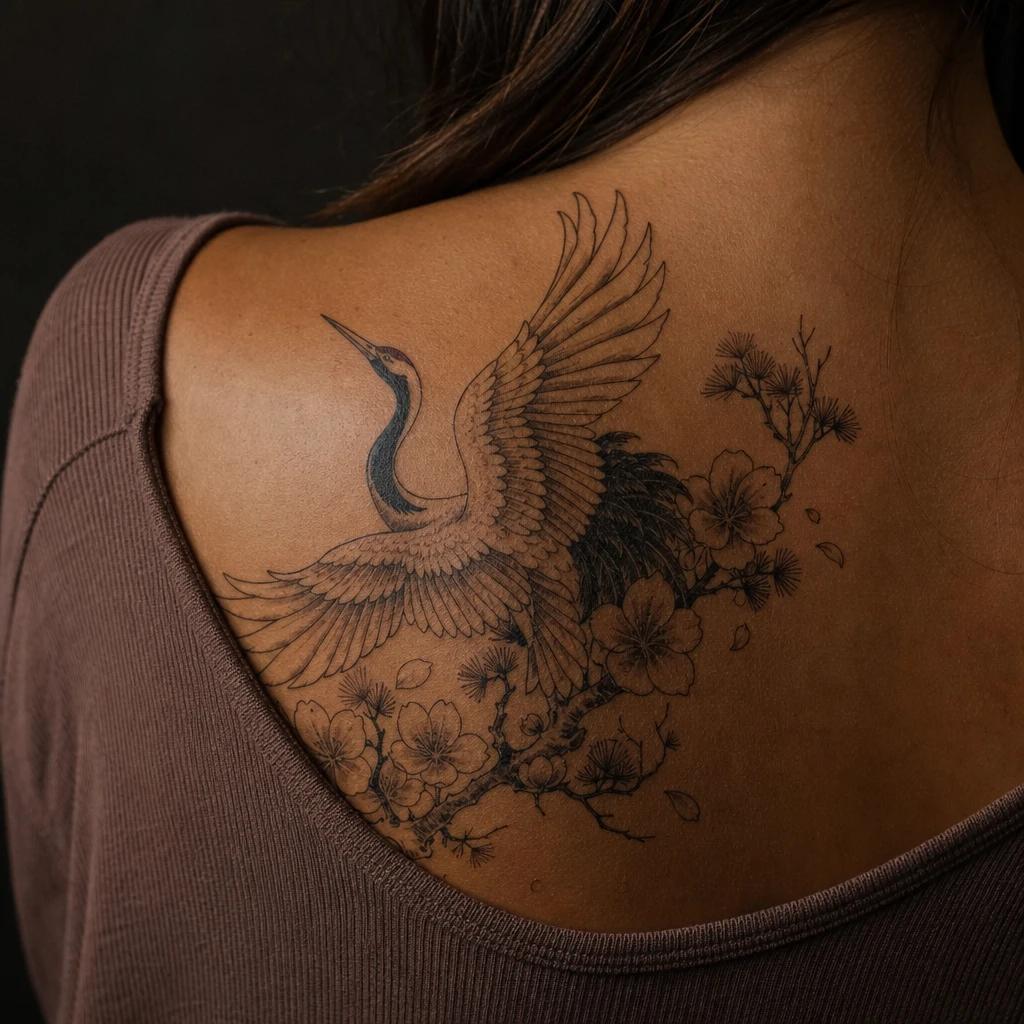 mama-tattoo schützender japanischer kranich, Foto auf echter Haut