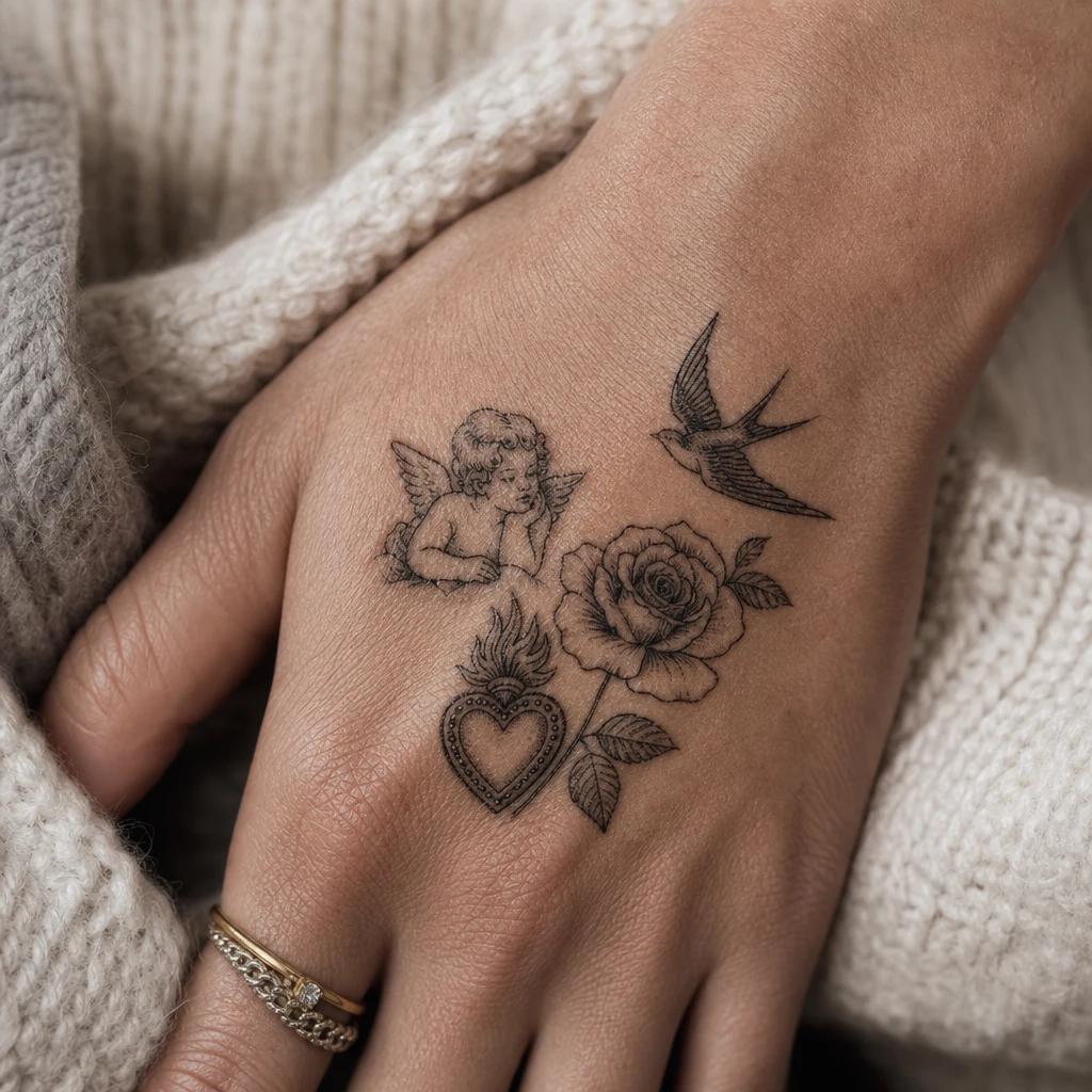 mama-tattoo patchwork hommage flash, Foto auf echter Haut
