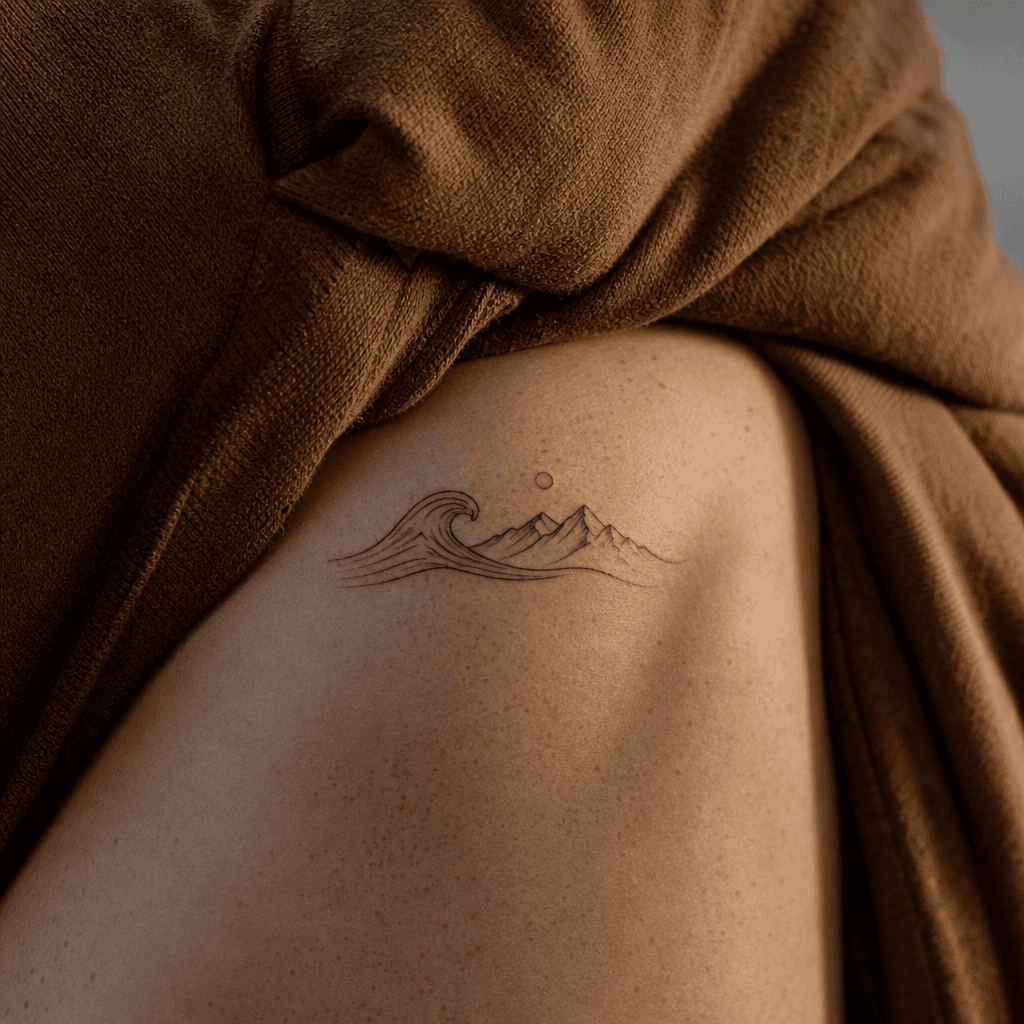 minimalistisch-tattoo minimalistische welle und berg, Foto auf echter Haut