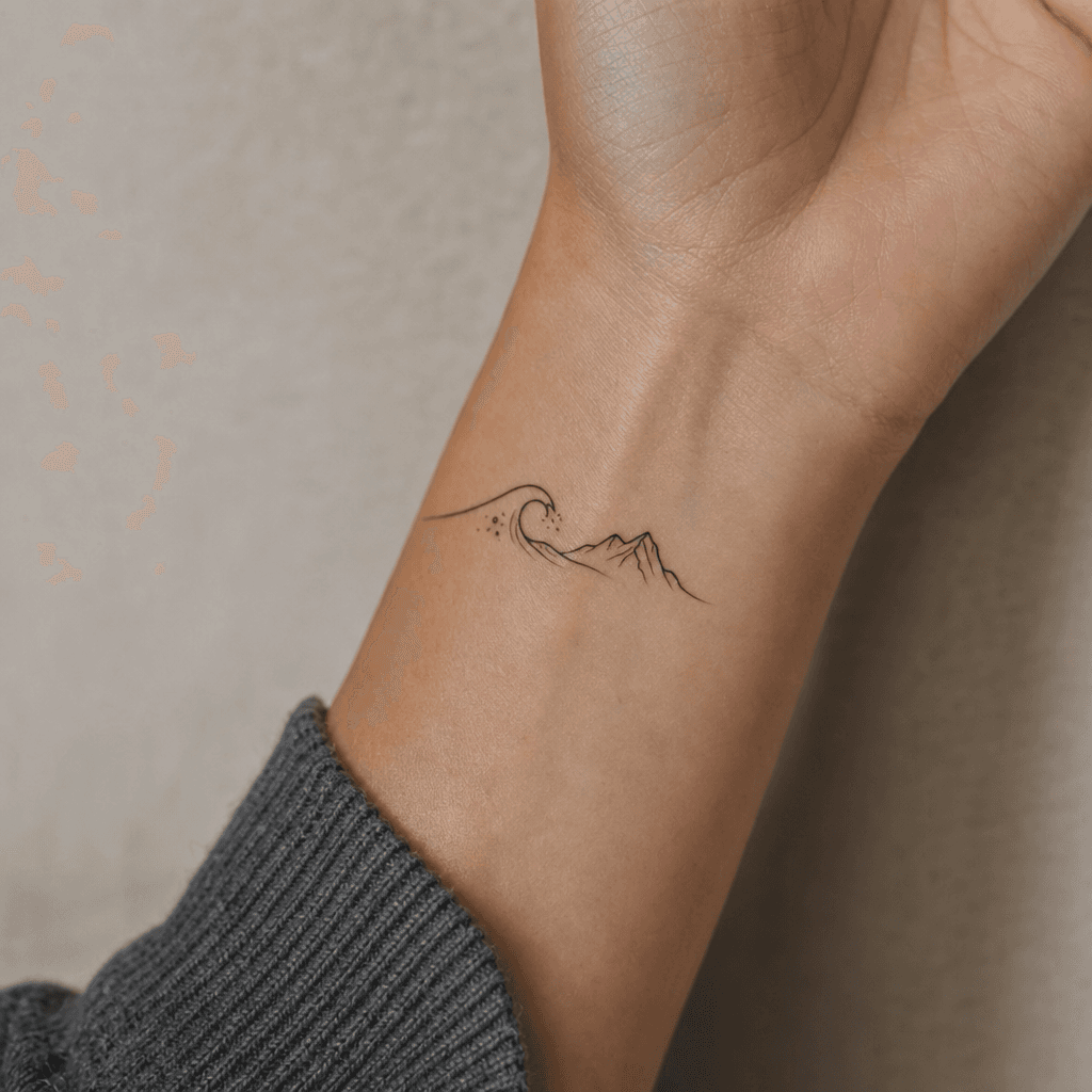 minimalistisch-tattoo minimalistische welle und berg, Foto auf echter Haut
