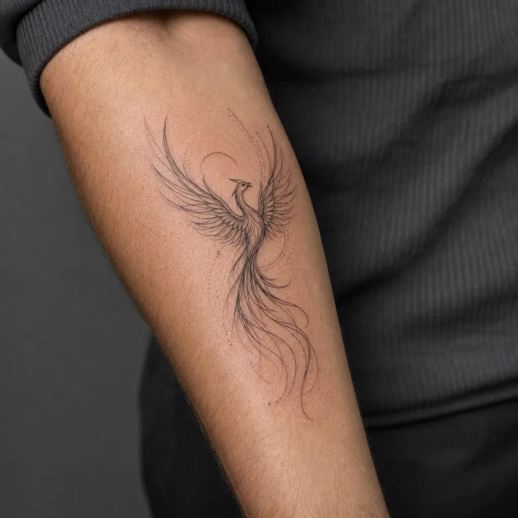 idée tatouage phenix phenix fine line ascendant
