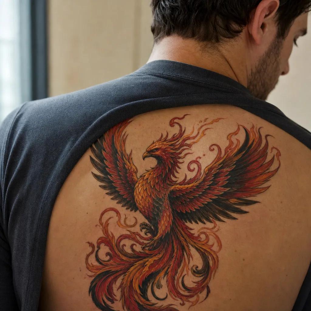 idée tatouage phenix phenix néo-traditionnel flammes