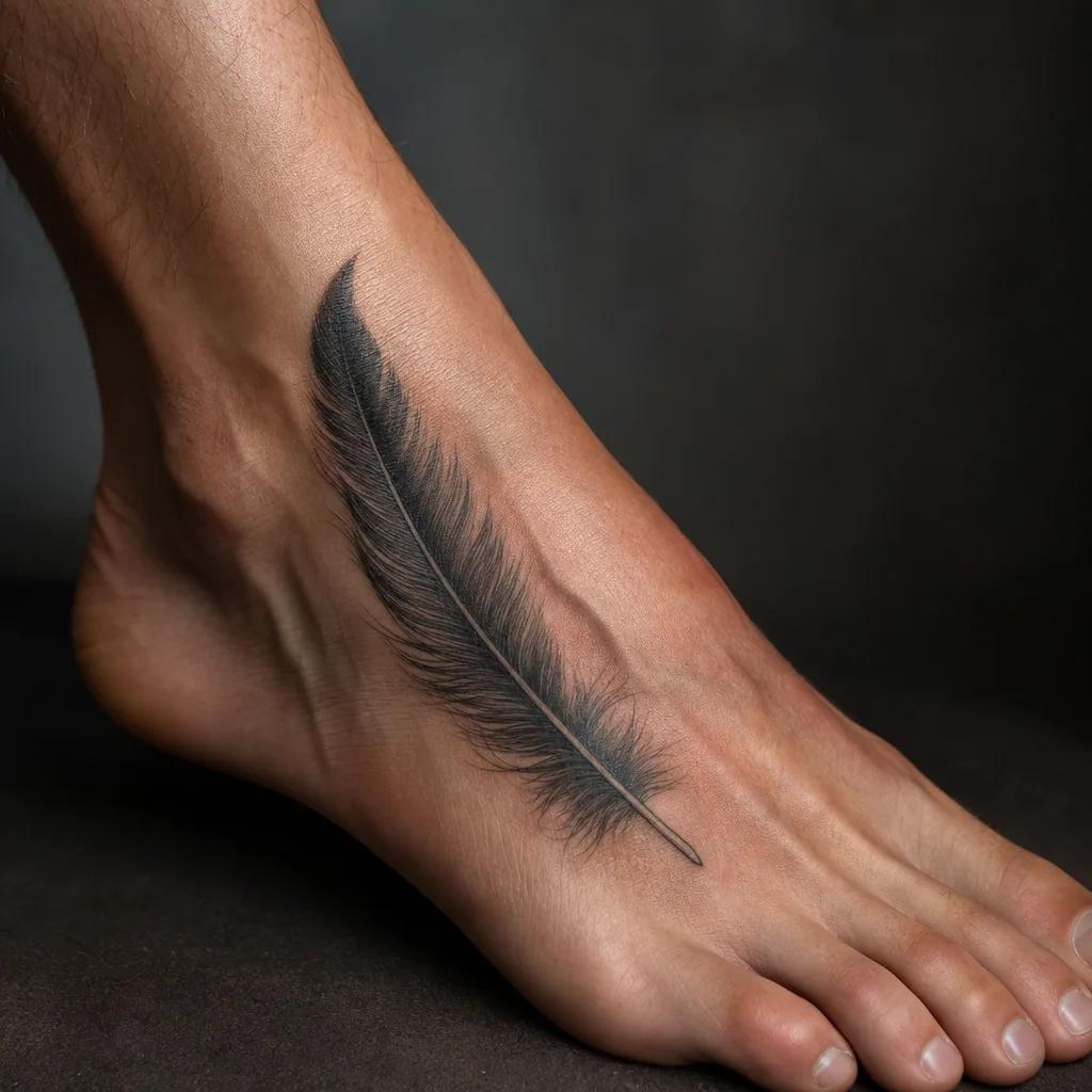 idée tatouage pied plume micro-réaliste