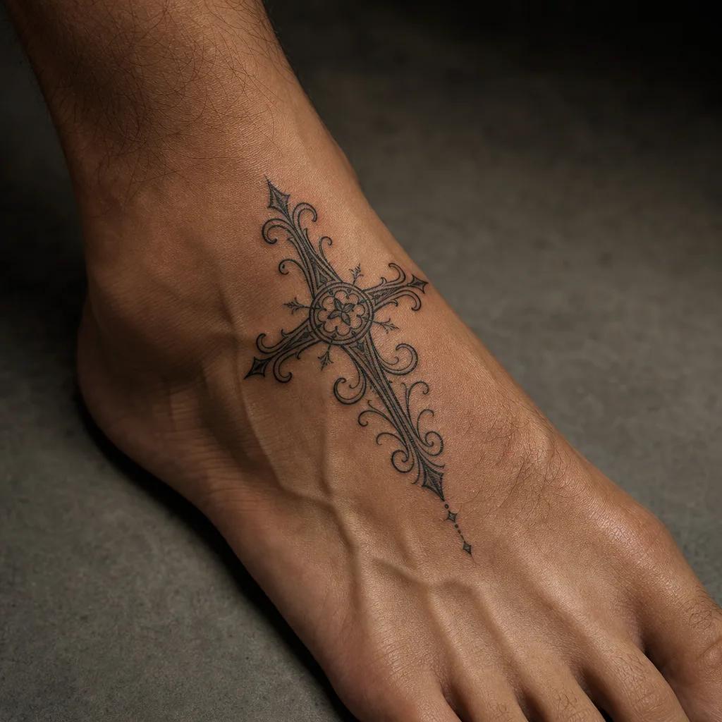 idée tatouage pied croix spirituelle
