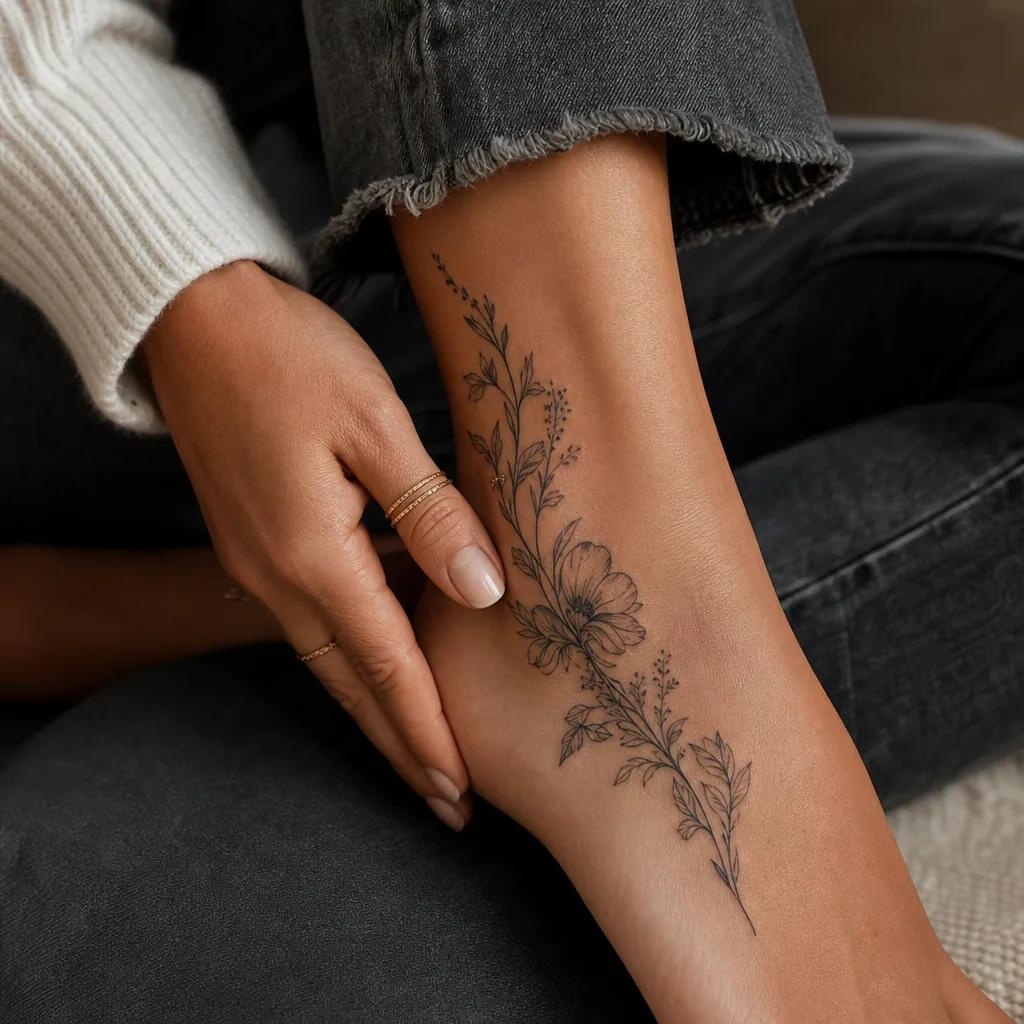 idée tatouage pied composition florale premium