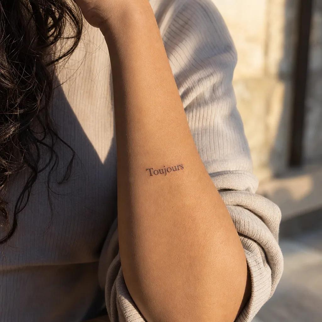 schriftzug-tattoo minimalistischer single-line-schriftzug, Foto auf echter Haut