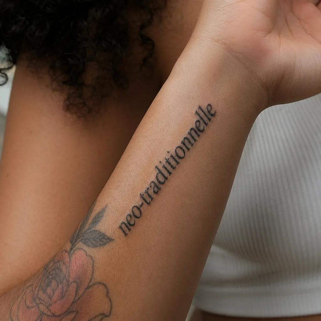 spruch-tattoo neo-traditional spruch, Foto auf echter Haut