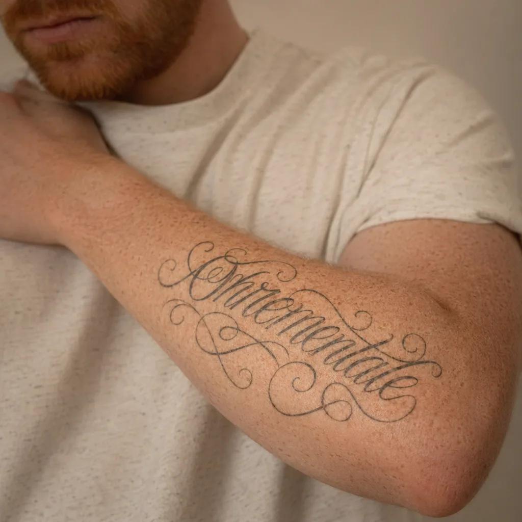spruch-tattoo ornamentaler spruch, Foto auf echter Haut